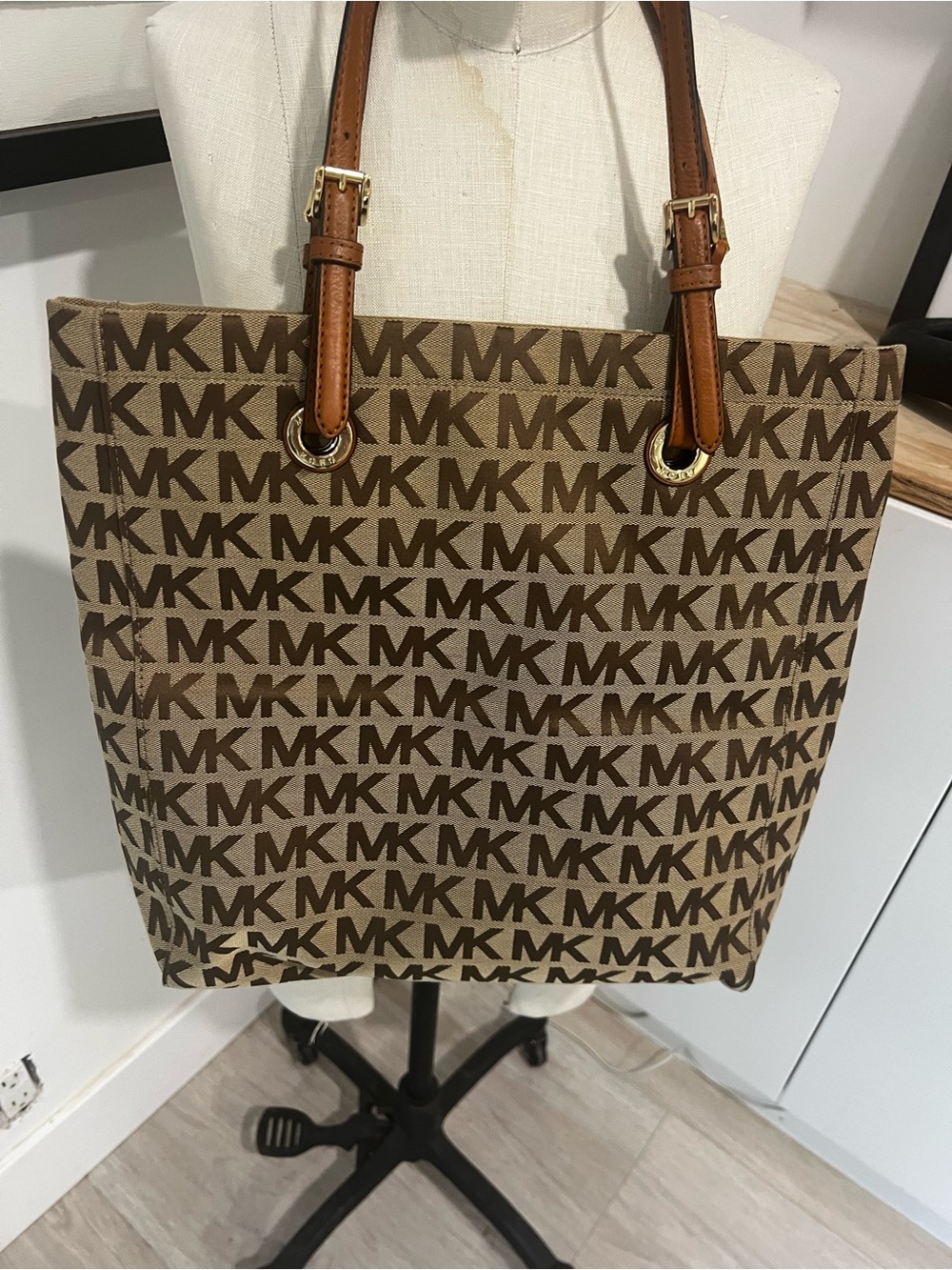 Michael Kors Brown & Tan MK Logo Canvas Tote